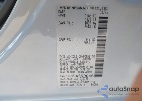 2025 Nissan Altima Sr Fwd from USA, damaged, VIN 1N4BL4CV5SN359046